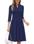 Zattcas Women 2024 Cotton Fall Midi Dress Vneck 3/4 Sleeve Business Casual Work Teacher Church Knit Pleated A Line Dresses, Navy, L