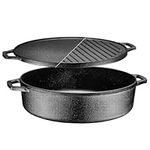 Bruntmor 3-in-1 Pre-Seasoned Cast Iron Skillets with Reversible Grill Griddle Lid - 6.8 Quart Round Deep Roasting Pan for Frying, Grilling, Dutch Oven Cooking - Non-Stick Cast Iron Cookware - Black