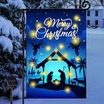 Nativity Christmas Lighted Garden Flag Christmas Outside Decor Solar LED Burlap Religious Merry Christmas Yard Flag Rustic Holy Night Farmhouse Yard Sign Xmas Holiday Outdoor Banner 12 x 18 Inch