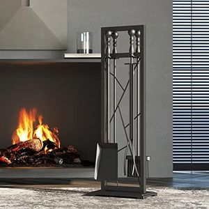 Fire Beauty Fireplace Tools, 5 Pieces Fireside Accessories Fire Kit Set, Stand Woodstove Tools Holder Wrought Iron Handle Indoor Fireset Stand (30.5 Inches)