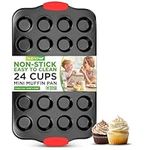 NutriChef 24 Cup Muffin Non Stick Baking Pan, Attractive Gray Carbon Steel Bake Pan with Red Silicone Handles, Commercial Grade Restaurant Quality Metal Bakeware, Compatible with Model NCSBS10S