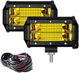 Samlight Yellow Led Light Bar 2 PCS Flood Beam Off Road Lights 72W Led Driving Lights With Wiring Harness(10ft /2 Lead) Waterproof 5 Inch Led Fog Lights for Trucks Jeep ATV UTV Boat 4X4 Tractors