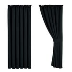 Aspire Homeware Pencil Pleat Blackout Curtains for Bedroom - Black Living Room Curtains 90x72 inch Drop Super Soft Thermal Insulated Black Out Kitchen Curtain Pair Panel + Tie Backs