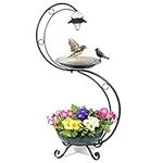 YANZ Bird Baths for Outdoors Solar Lamp, 35.5" Height Metal Bird Bath, Weather Resistant, Vintage Decorative Birdbaths, Flower Planter Pedestal, Fountain Decorations for Garden Yard Lawn-Bronz Green