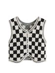 Verdusa Women's Button Front V Neck Sleeveless Crochet Plaid Checkered Knit Sweater Vest, Black and White, Medium