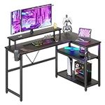 HEEYUE Computer desk, L-shaped Gaming Desk with Large Monitor Stand,Corner Desk with 2-Layer Storage Shelf, Computer Workstation for Home Office (Black Carbon Fiber)