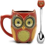 SQOWL 3D Coffee Mug Funny Cute Owl Ceramic Cup Coffee Mug with Spoon Tea Mugs Set for Women and Girls 12 oz Red