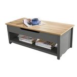 Home Source Avon Coffee Table Lift Up Occasional Reception Storage Shelf Adjustable Oak Top, MDF, Dark Grey