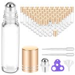 PrettyCare Essential Oil Roller Bottles 10 ml (Clear Glass, 60 Pack, 10 Extra Roller Balls,72 Labels, 4 Opener, 4 Funnels,4 Pipettes Roller Balls For Essential Oils, Roll on Bottles for DIY