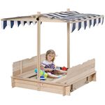 Outsunny Kids Wooden Sand Pit with Lids Children Sandbox Height Adjustable Canopy for Garden, Convertible Bench Seat Outdoor Backyard Playset, Blue and White Canopy