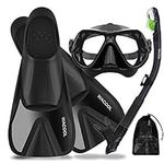 WACOOL Adults Snorkeling Snorkel Scuba Diving Package Set Gear with Travel Full Foot Short Swim Pocket Fins Anti-Fog Coated Glass Silicon Mouth Piece Purge Valve and Anti-Splash (Black,L)