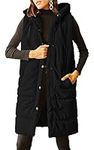 Grlasen Women's Long Quilted Puffer Vest Sleeveless Hooded Button Down Padded Coats Jacket Outerwear with Pockets, Black, Large