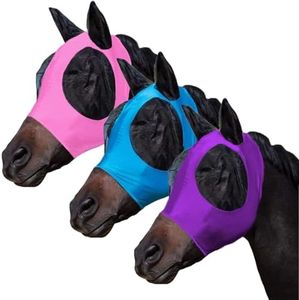 FOXLVDA 3 Pcs Horse Fly Mask-Fly Masks for Horses with Ears, Breathable Elastic Fabric for Sun Protection for Large/Medium Size Adult Horses (Pink-Purple-Blue, Large)