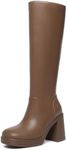 Athlefit Tan Boots Knee High Boots for Women Chunky High Heeled Boots Square Toe Faux Leather Tall Boots Size 11