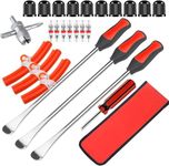 KAHEIGN 39Pcs Tyre Lever Tool Set, 3Pcs 30CM Tyre Lever Spoons with 3Pcs Rim Protectors, 15Pcs Valve Caps and Cores, 1Pcs Wrench with 4 Way Valve Tool - for Repairing Changing Motor Bike Car Tire