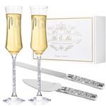 ROXBURGH Wedding Champagne Flutes and Cake knife Server Set, Mr and Mrs Champagne Flutes Glasses for Bride and Groom Cake Cutting set for Wedding Engagement