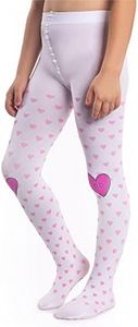 NOQ Medias opacas para niñas, corazones, sí/no, 120 Den, gimnasia, escuela, pantimedias de lujo, blanco, 8-9 años