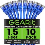 GearIT Cat 6 Ethernet Cable - High-Speed LAN Cord for Gaming and Personal Computers - Cat6 Patch Cable with RJ45 Connectors, 1.5 ft, Blue (10-Pack)
