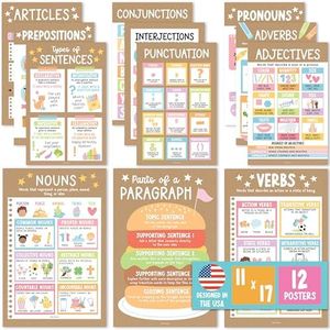 Parts of Speech Posters for Classroom Must Haves - 12 English Grammar Posters for Classroom, Writing Process Language Arts Elementary & Middle School, ELA 3rd 4th & 5th Grade Kraft Classroom Decor