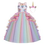 CinheyU Girl's Sleeveless Unicorn Princess Party Long Tulle Fancy Dress Up Outfits for Halloween Carnival Christmas Wedding Birthday Pageant Dance Performance Ball Gowns w/Headband Multicolored 6-7T