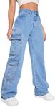 Women's High Waist Cargo Jeans Flap Pocket Baggy Cargo Pants Y2K Wide Leg Denim Jeans Y2K Streetwear Pants., Light Blue, Medium