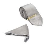 MUTAQINOTI Mens Ash Grey Woven Premium Silk Necktie With Pocket Square Golden Tie Pin (TEGP)