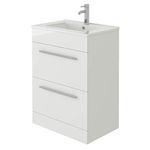 VeeBath Venus 600 Vanity Unit, Wash Basin Bathroom Sink, Soft Close Drawer and Flap, Cloakroom Wall Mounted Storage Cabinet- White,Slim edge (Assembled)
