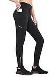 BALEAF Women's Fleece Lined Leggings Water Resistant Yoga Pants Running Tights Thermal Winter Warm Leggings Zip Pockets Black X-Small