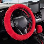 SEG Direct Furry Car Steering Wheel Cover with Fluffy Gear Shift Cover Soft Warm Non-Slip Car Decoration for Women Girls 2 PCS Set, Red