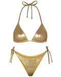 ELLA LUST Metallic Bikini for Women - Silver Bathing Suit High Waisted Tie Side Thong Bottom Triangle Tops Shiny Swimsuits 2 Piece Set, Gold, Large