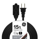 GE 15, Black, 45154 6 Ft Extension Cord, 3 Power Strip, 2 Prong, 16 Gauge, Twist-to-Close Safety Outlet Covers, Indoor Rated, Perfect for Home, Office or Kitchen, UL Listed