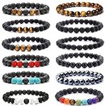 SAMOCO 12 Pcs Adjustable Lava Rock Stone Essential Oil Diffuser Bracelet Braided Elastic Rope Stone Yoga Beads Bracelets for Men Women, Adjustable, 7.5-12.6 inches, Stone, no gem type