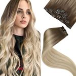 LaaVoo Clip in Hair Extensions Real Human Hair Balayage Light Brown to Dark Blonde and White Blonde Hair Extensions Clip in Seamless Remy Real Hair Extensions Clip in 16 Inch 5pcs 80g #8/18/60