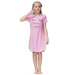 Alunsito Girls Nightgowns Short Sleeve Letter Print Pajamas Nightdress for Kids Summer Soft Sleep Wear Nighties Pink 140 9-10 Years