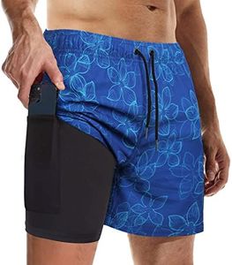 Suwangi Men's Swim Trunks Double Layer Beach Shorts Quick Dry Swimming Trunks Compression Liner 2 in 1 Swim Shorts Boxer Brief Waterproof Surfing Board Shorts Blue