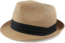 Kids Fedora Straw Sun Beach Fedora Hat Floppy Short Brim for Boys Girls(20.5" for 2-5T; 21.26" for 5-8T), Khaki, 2-5T