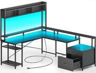 Rolanstar L Shaped Computer Desk with File Drawer,99.2" Gaming Desk with Led Lights & Power Outlets,Home Office Desk with Monitor Stand,Hutch & Storage Shelf,Carbon Fiber Black