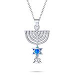 Created Blue Opal Religious Judaica Hanukkah Menorah Star Of David Pendant Necklace For Women Teens Bat Mitzvah .925 Sterling Silver