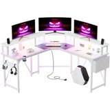 Devoko L Shaped Desk with Power Outlets，LED Corner Gaming Desk Corner Desk with Shelves, Large PC Writing Table for Home Office Bedroom,Monitor Stand, Hooks,White