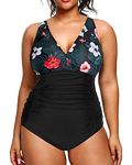 Aqua Eve Women Plus Size One Piece Swimsuits V Neck Tummy Control Bathing Suits Retro Ruched Swimwear Floral 18W