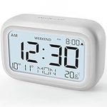 DOOMAY Digital Alarm Clock Bedside - Battery Powered Clock with LCD Display Volume Adjustable Snooze and Weekend Mode for Bedroom Office Desk Travel (White)