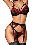 RSLOVE Women Sexy Lingerie Set - Lingerie Sets for Women with Lace Garter Belt Black Wine Red S