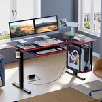 Bestier L Shaped Electric Standing Desk Adjustable Height with Keyboard Tray, Host Shelf & Pegboard (Black 3D Carbon Fiber with Red Edge)