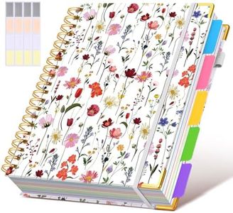 Hardcover Spiral Notebook 8.5"x11" Journal with Removable Dividers Tabs, 300 Pages Leather 5 Subject Notebook College Ruled, Large A4 Notebooks for Work School, Journal for Women, A4 Flower white