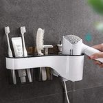 Zeinwap Magic Sticker Series Hair Dryer Stand with Extra Provision to Keep Toiletries, Standard Size (White)