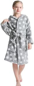 V.&GRIN Girls Fleece Robe, Hooded Toddler Soft Fuzzy Bathrobe for Kids 3-14 Years（Star Gray 7-8）