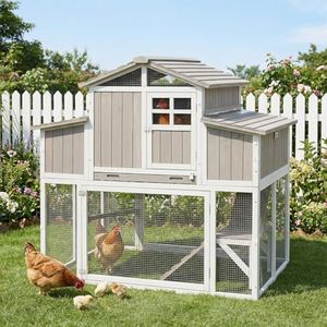 Ketive Outdoor Wooden Chicken Coop for 2–4 Chickens, 2-Tier Design Elevated Hen House with Dual Nesting Boxes, Slide-Out Tray, Reinforced Frame, Expandable Run, Expandable Run Connection, Grey