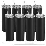 ASMIZ 20 oz Stainless Steel Straight Skinny Tumbler Set (8 Pack), Black Insulated Slim Thin Travel Cup, Double Walled Vacuum Insulated Mug with Metal Straws, Individually Boxed