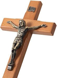 ARCHOBAN Crucifix Wall Cross Catholic, 10 Inch Wooden Cross with Jesus Christ for Home Decor - Light Brown + Antique Brass