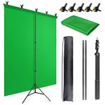 JEBUTU Green Screen Background with Stand 1.5 x 2M (5 x 6.5FT), Portable GreenScreen Photography Backdrop Kit with T-Shape Stand, 5 Clamps & Carry Bag for Gaming, Photo Studio, Streaming, Chroma Key